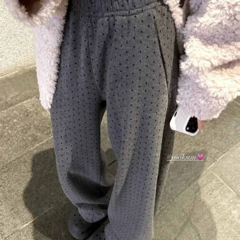 Women Dots Print Loose Straight Pants Fleece Lined Warm Casual Trousers With Pockets For Autumn Winter
