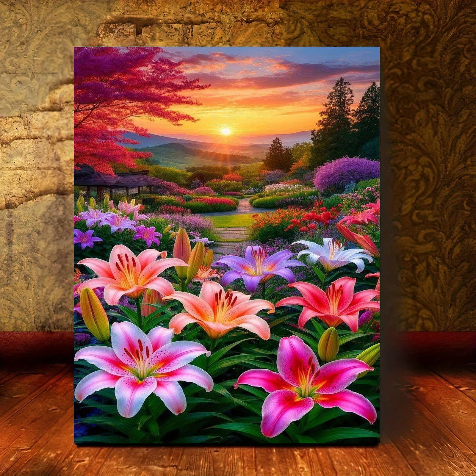 Professional Art Use 1pc Frameless Digital Painting Kit, Vibrant Sunset Garden Scene with Blooming Lilies, Includes Canvas, A