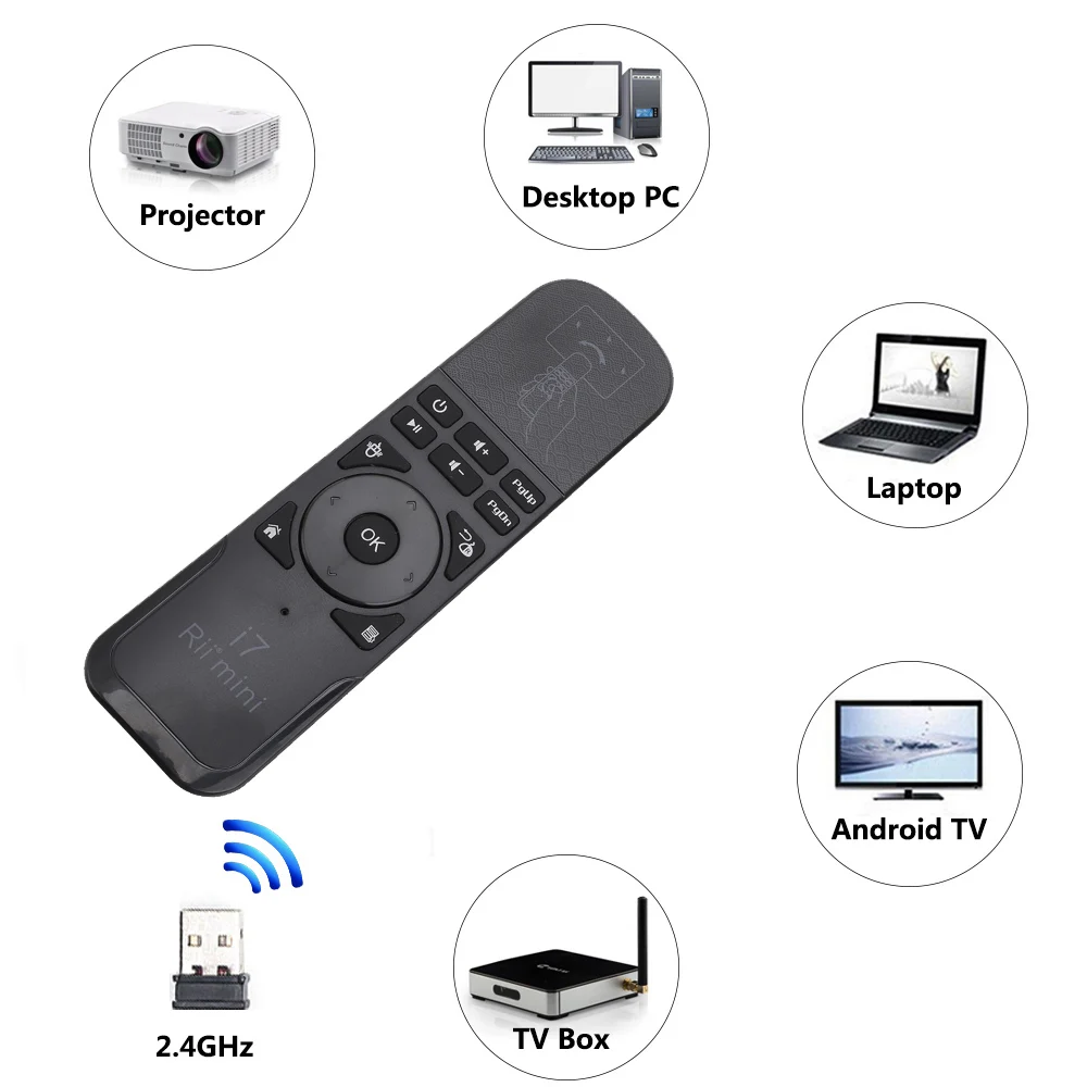 Rii i7 2.4G Wireless Fly Air Mouse Remote Control Motion Sensing Built in 6-Axis fControl for Pc Android TV Box Smart PC