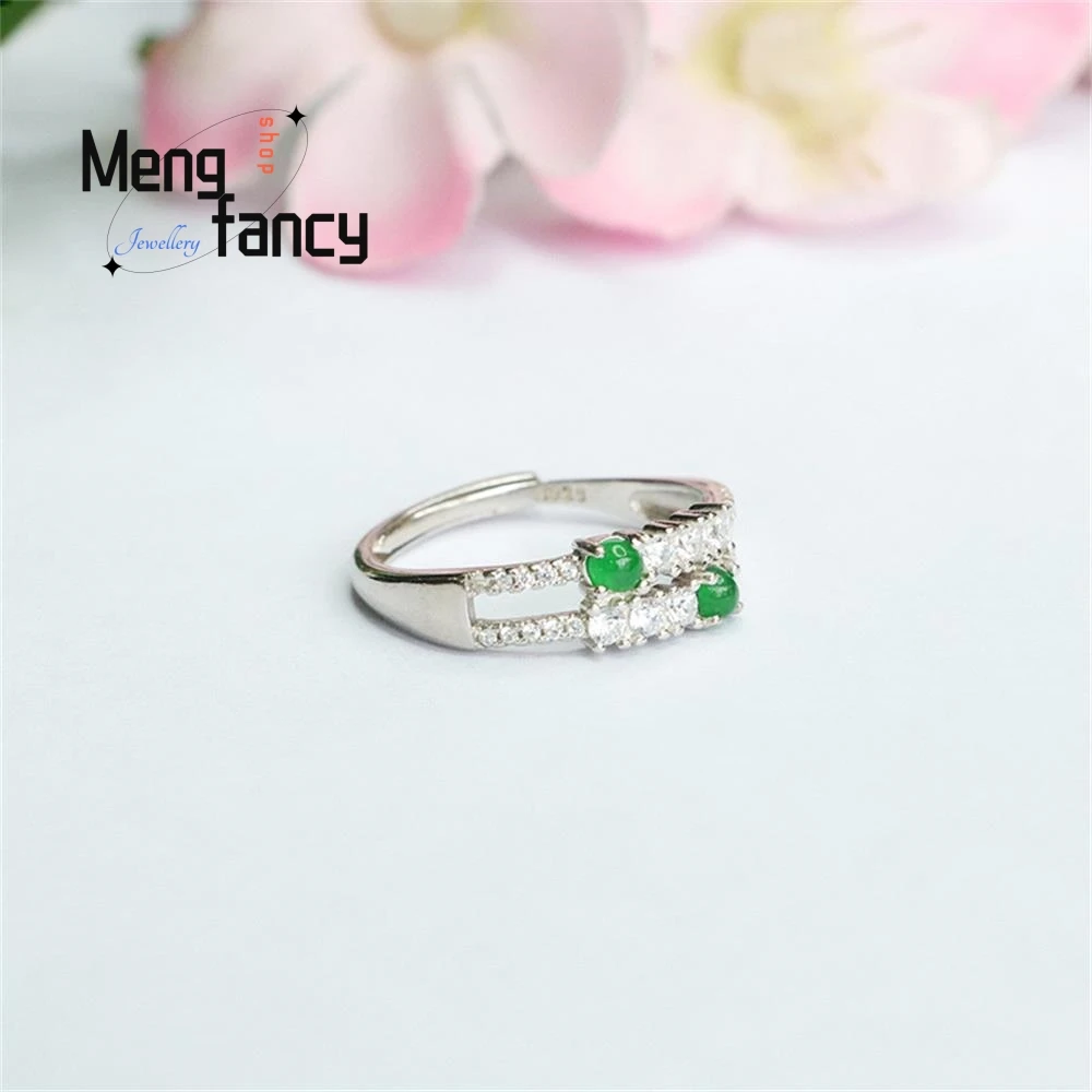 S925 Silver Inlaid Natural Jadeite Ice Type Imperial Green Finger Ring Exquisite Elegant Charm High-grade Luxury Fashion Jewelry