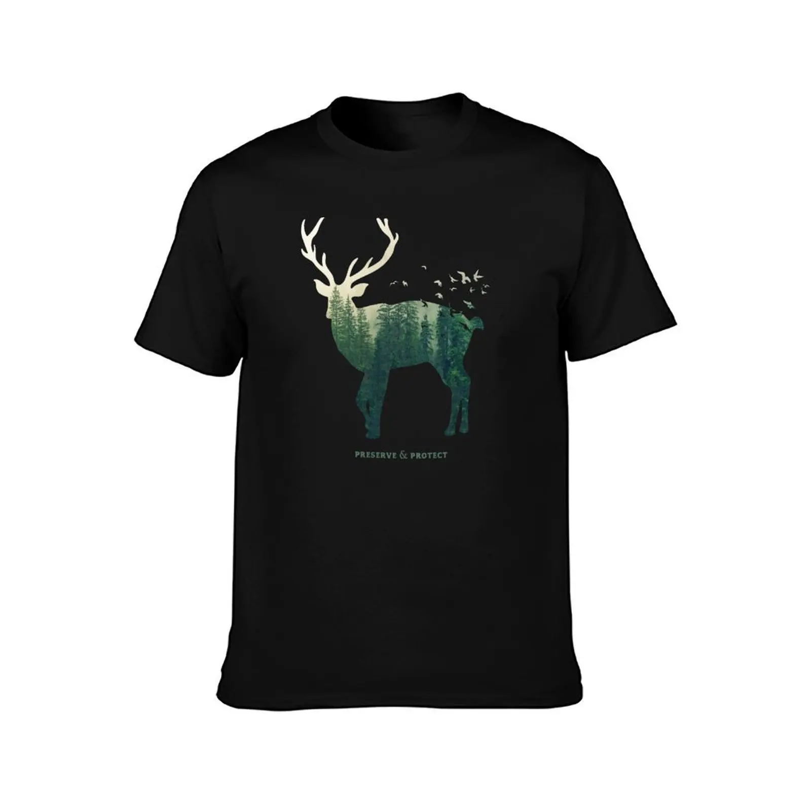 Preserve & Protect Nature Double Exposure Deer Silhouette Trees Forest Save the Environment Climate Change Wilderness Hi T-Shirt
