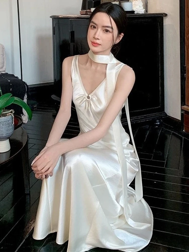 2025, vestidos de mujer zomer v-hals y2k jurk dameskleding hoge taille plooien mouwloos sexy gewaad femme mode maxi jurken