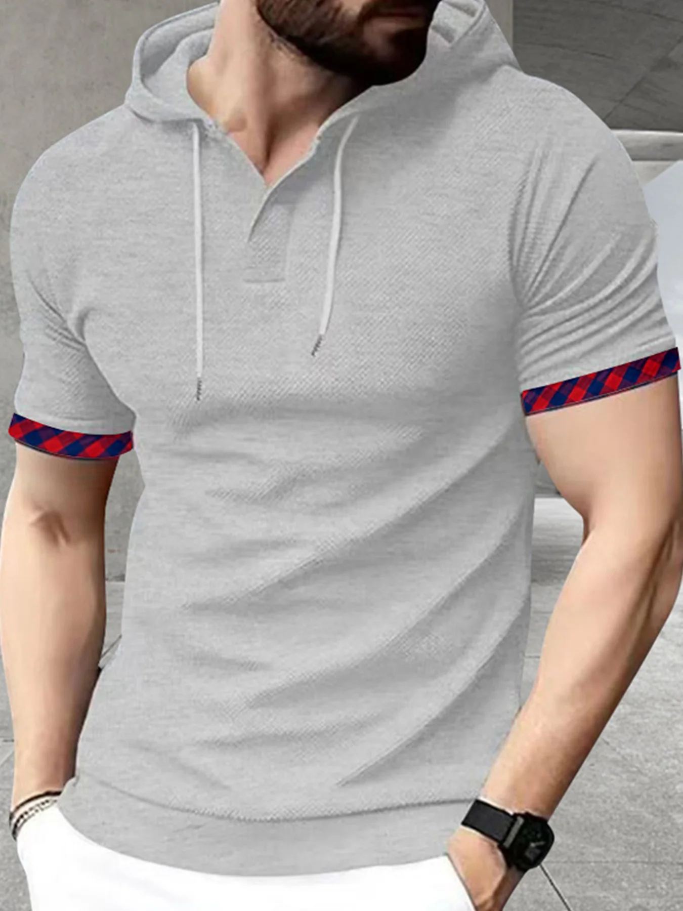 2024 Cross-border Summer New Men\'s Short Sleeve Casual Fashion Solid Color Hooded T-Shirt S-3XL