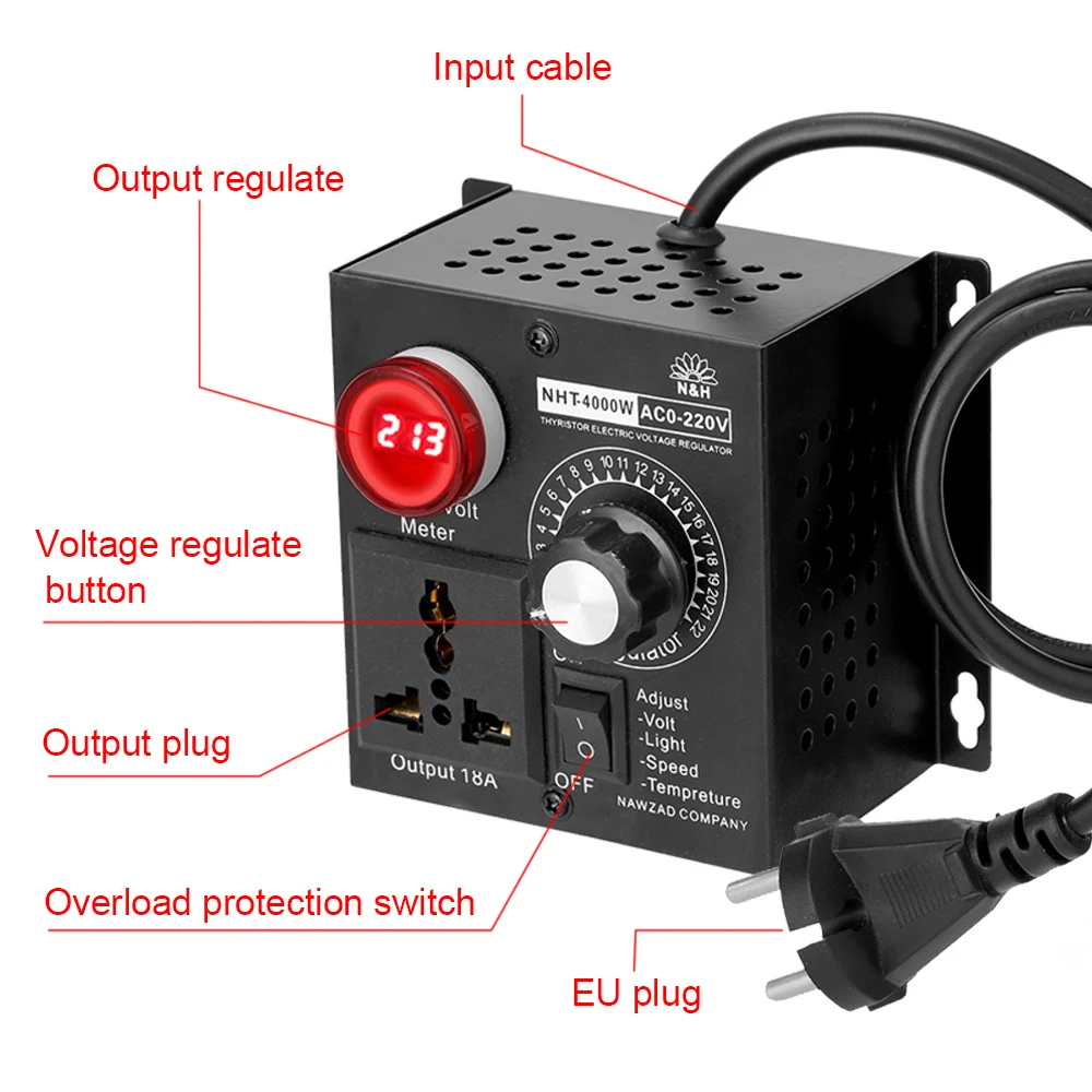 Regulador de voltaje electrónico SCR, herramienta eléctrica de temperatura, regulador de velocidad del ventilador del Motor, controlador de voltaje Variable, CA 220V, 4000W