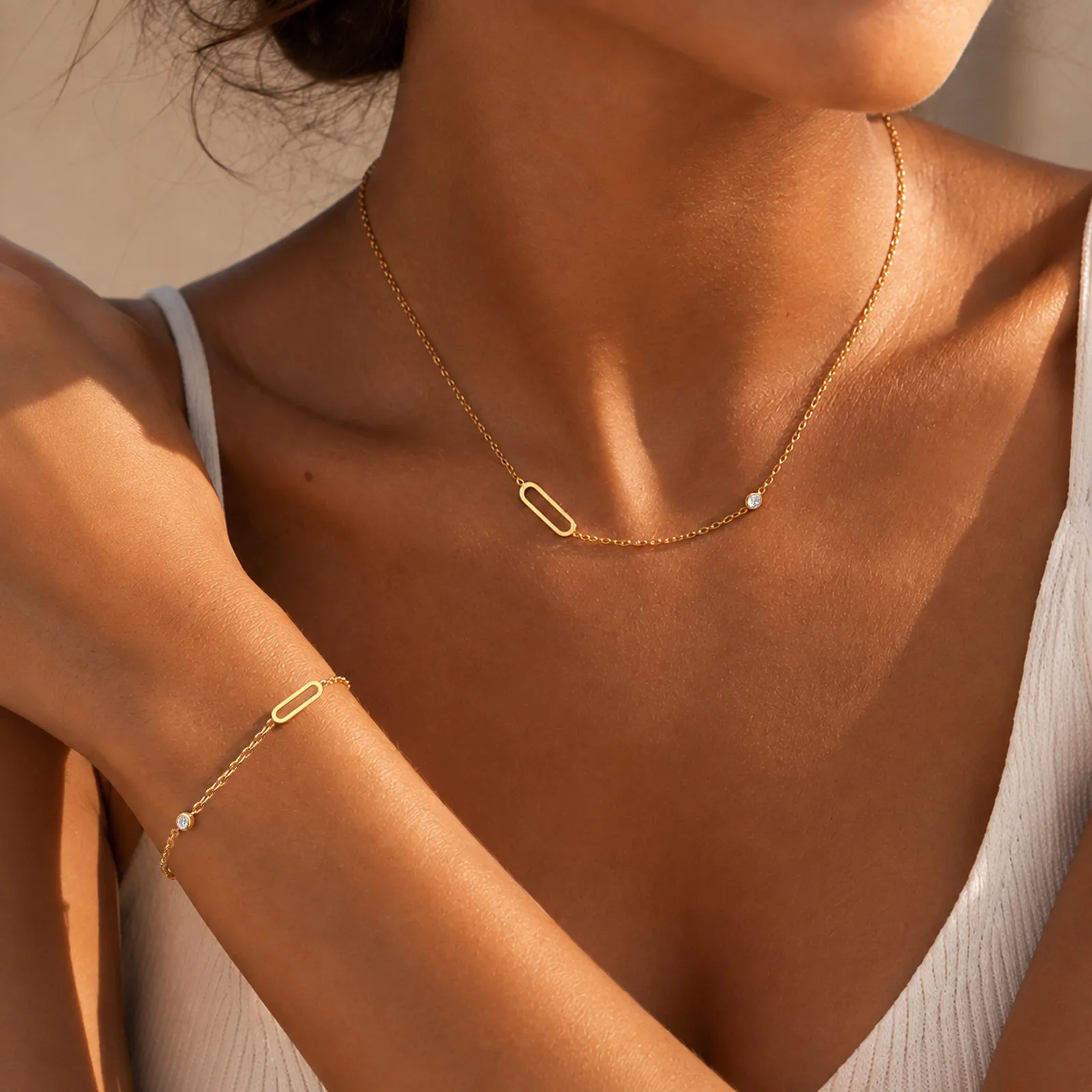 CZ Geometric Bracelet for Women, 18K Gold Plated Stainless Steel Dainty Chain, Minimalist Jewelry