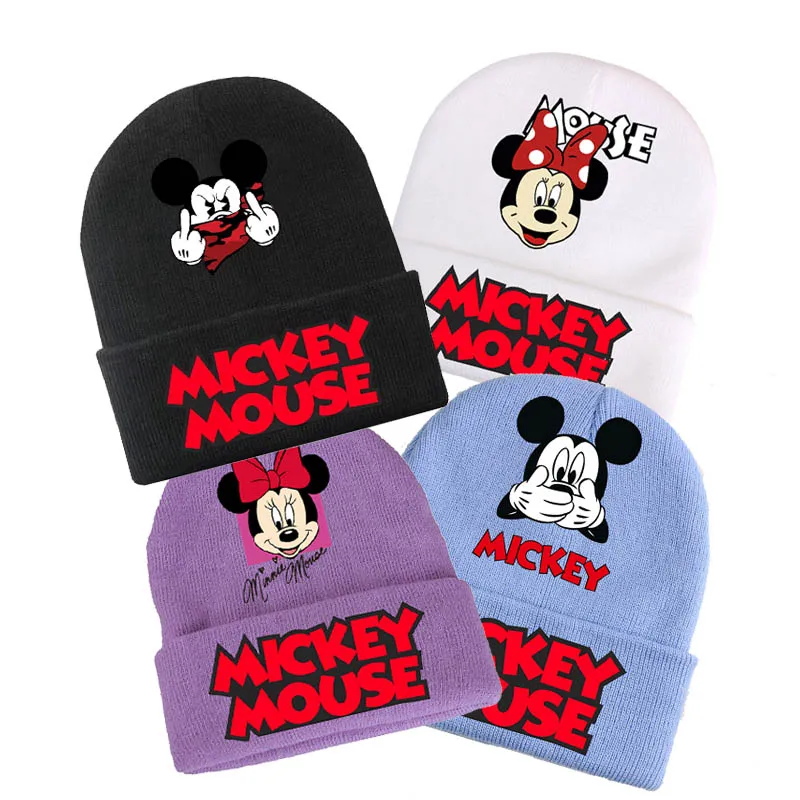 Kawaii Disney Mickey Minnie Mouse Hip-Hop Children\'s Autumn and Winter Outdoor Kids Solid Color Knitted Wool Windproof Cold Hat