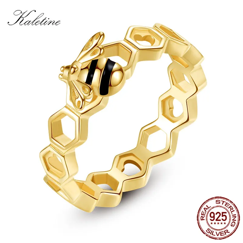 

KALETINE Luxury Honeybee Heart 925 Sterling Silver Rings For Women Love Bee Honeycomb Rings For Women Men Ring Jewelry Organizer