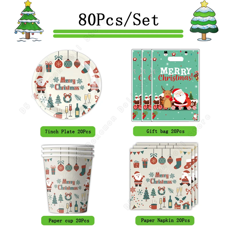 80Pcs/Set Christmas Tableware Kit Festive Party Supplies Plate Napkins Paper Cups Goodie Bag Christmas Party Decorations