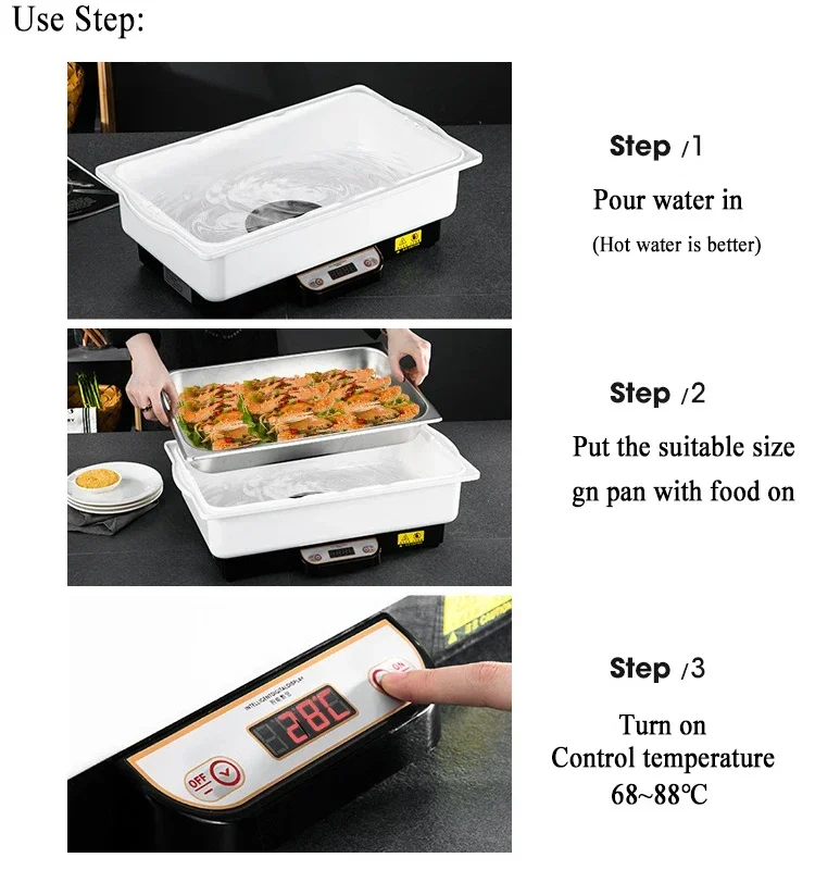 تصميم متعدد من الفولاذ المقاوم للصدأ، مستطيل من الفولاذ المقاوم للصدأ، سطح الطاولة، عرض سخان الطعام بالبخار لتقديم الطعام #4