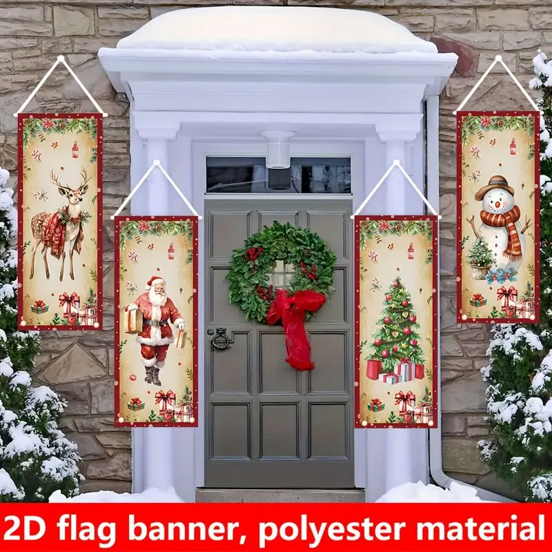 VIKAMA Wall Hanging for Christmas Party, 4 Pc Vertical Banner Reindeer Santa Tree Snowman, Vintage Holiday Wall Art