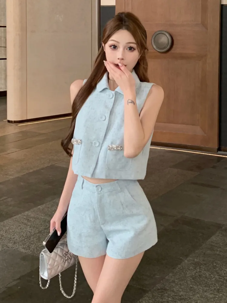 Women French Summer Sweet Girl Lady Two Piece Outfits High-end Small Fragrant Female Sleeveless Vest Top High Waist Shorts Set
