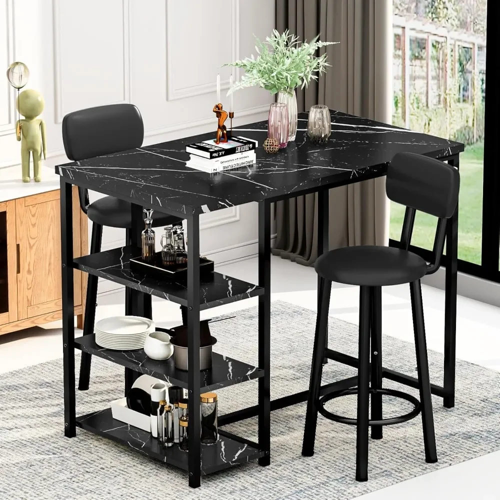 Dining Table Set for 2, Counter Height Pub Table with 2 PU Leather Widen Backrest Bar Stools & 3 Storage Shelves,
