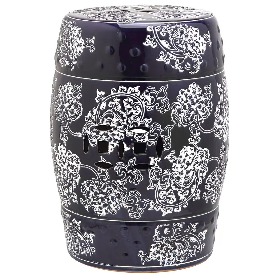 

Midnight Flower Ceramic Decorative Garden Stool, Navy and White