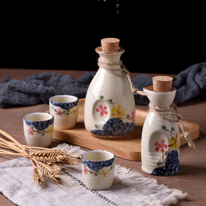 3PCS/5PCS Sake Wine Set Ceramics Wine Bottle Underglaze Color Wine Dispenser Vintage Bar Sets Japanese Style Heated Warm Cup