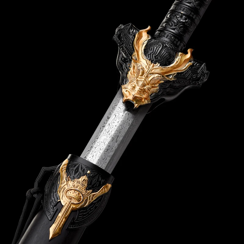 Chinese Jian Han Sword Folded Steel Blade Real Handmade Full Tang Sharp Ready Training Metal Handle Black Golden Dragon Katanas