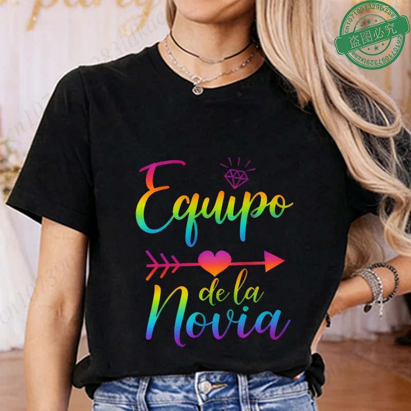 Spanish Team Bride Tribe T-Shirt Rainbow Diamond Heart Arrow Graphic Tees Short Sleeve Tops for Bachelorette Party Bridal Shower
