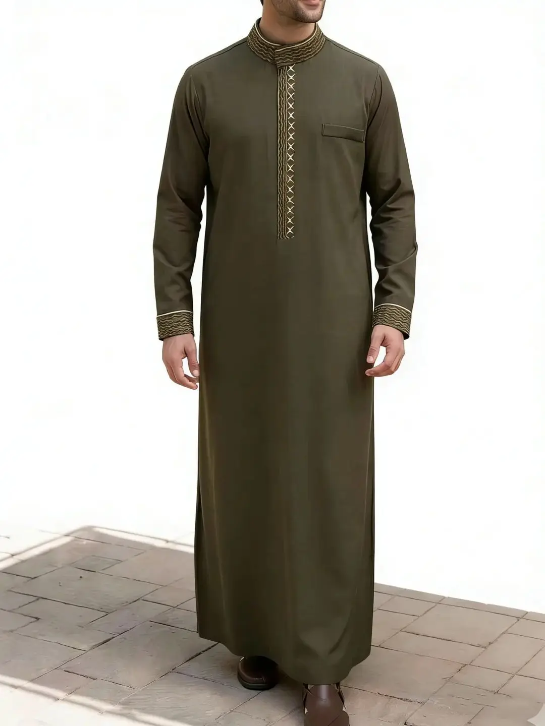 Túnica étnica árabe do Oriente Médio, túnica tradicional masculina muçulmana, roupa casual para festivais e cultos, vestuário islâmico masculino.
