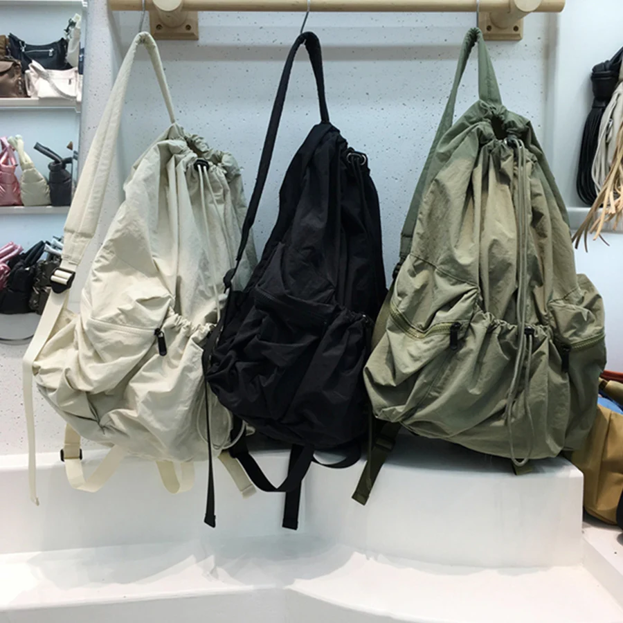 Casual Drawstring Backpack Women Large Capacity Fashion High School Student Pleat Schoolbag Cloth Bag Korean Travel Backpack Sac
