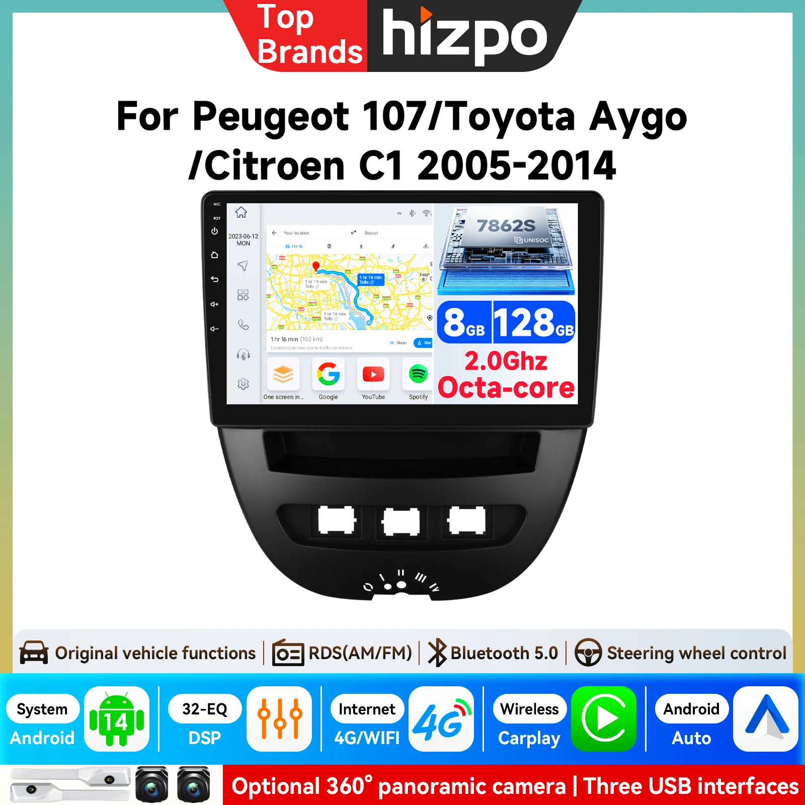 Autoradio Android 2 Din Hizpo 10,1 pouces pour Peugeot 107, Toyota Aygo 2005-2014, Citroën C1, Android Auto, 4G LTE, Carplay sans fil, DSP, lecteur multimédia, autoradio 2Din, navigation GPS, systèmes intelligents IA pour voiture, unité centrale, autoradio, vidéo, stéréo