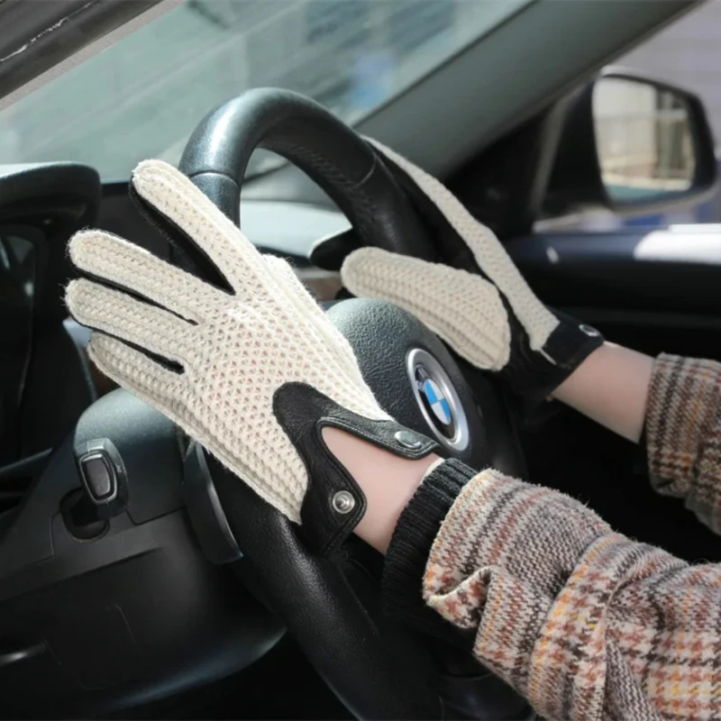 Sheepskin Retro Motorcycle Gloves for Men and Women Locomotive Drivers Driving Knitted Mesh Touch Screen Leather Breathab