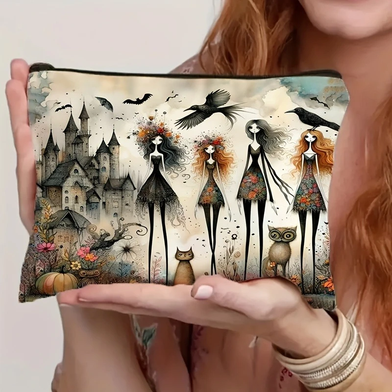 Pochette de maquillage de Style gothique avec sorcières, chats noirs, hiboux, sac à cosmétiques de voyage Portable, fermeture à glissière, accessoires d'halloween