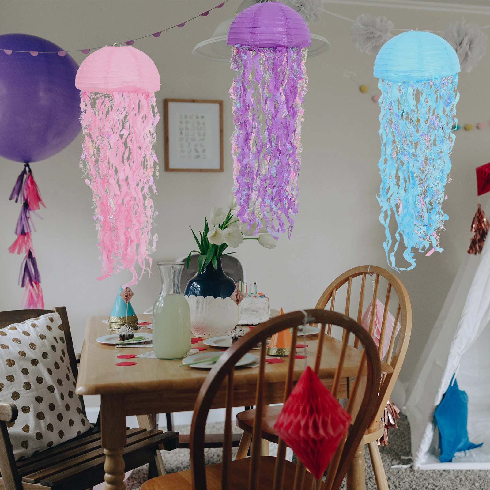3 Pcs Artificial Jellyfish Lantern Decoration Hanging Iron Themed Decorative Paper Lanterns