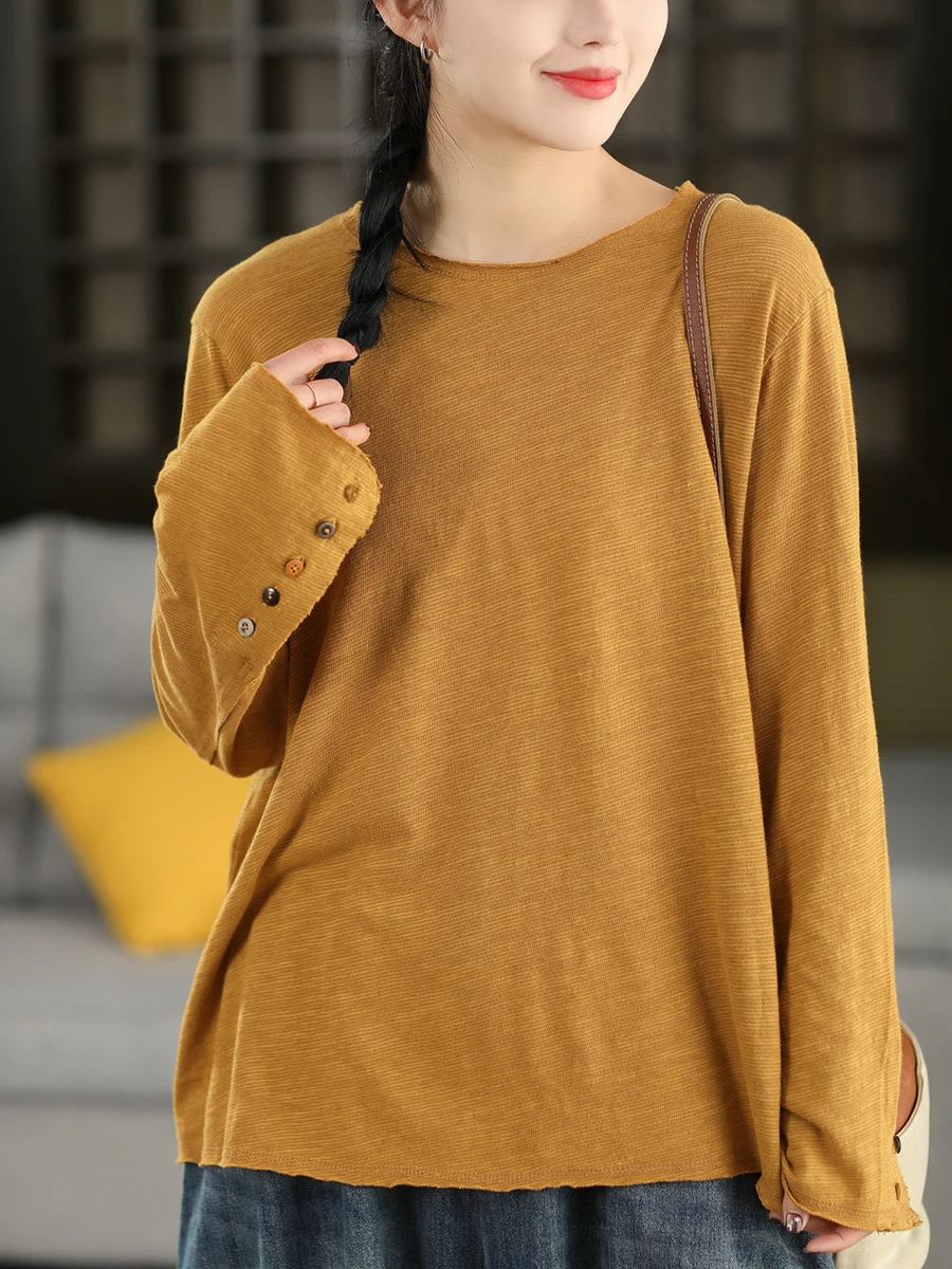 

Handmade Lin Cotton Long Sve T-irt Women's Spring round Ne Casual Loose Overhead Purple Pasture High-End Series