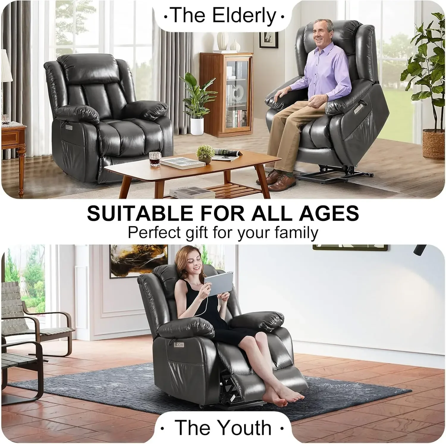 

Large Power Lift Recliner Chairs for Elderly with Massage & Heat, Upgraded Breathable Leather Recliner Chairs for Adults