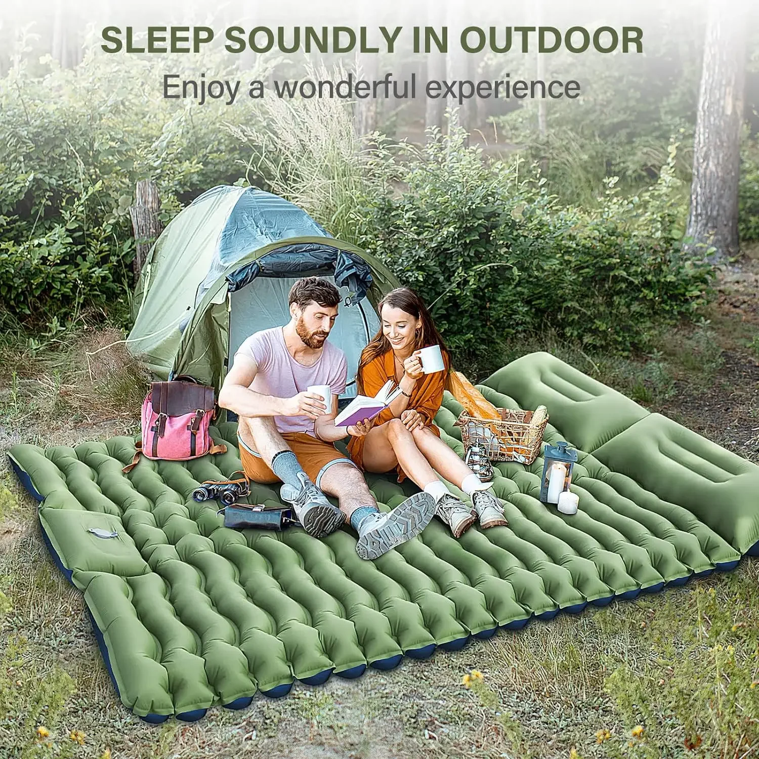 Camping Inflatable Mattress Couple Portable Sleeping Air Matt Double Tent Camping Air Bed with Camp Pillow for Tourism Hiking