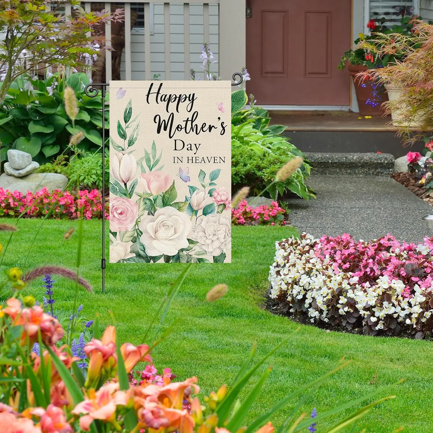 Louise Maelys Happy Mother's Day in Heaven Garden Flag Floral 12x18 Inch Double Sided Cemetery Memorial Carnation Small  WWP zzo