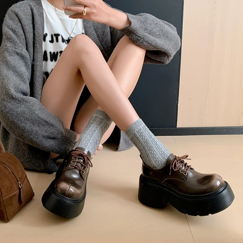 

Women's new genuine leather cowhide thick soled waterproof platform high heels lace up college style single shoes casual shoes