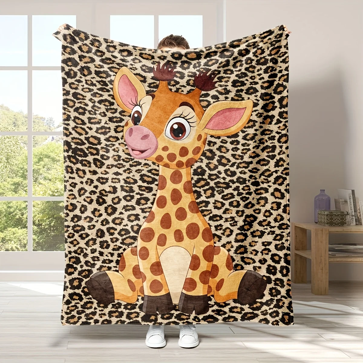 Flanell-Überwurfdecke mit VIKAMA-Cartoon-Giraffe und Leopardenmuster, ultraweiche, hautfreundliche Decke für Schlafzimmer, Sofa, Büro, Reisen