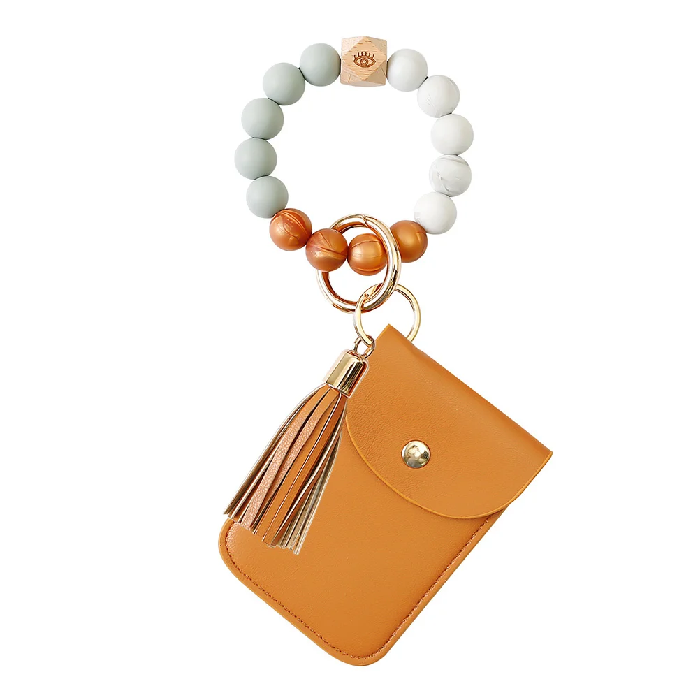 

Wrist Keychain Bracelet Cards Holder Key Ring Pouch Multi-Function Storage For Id Keys Handmade Beads Design Stain-Resistant