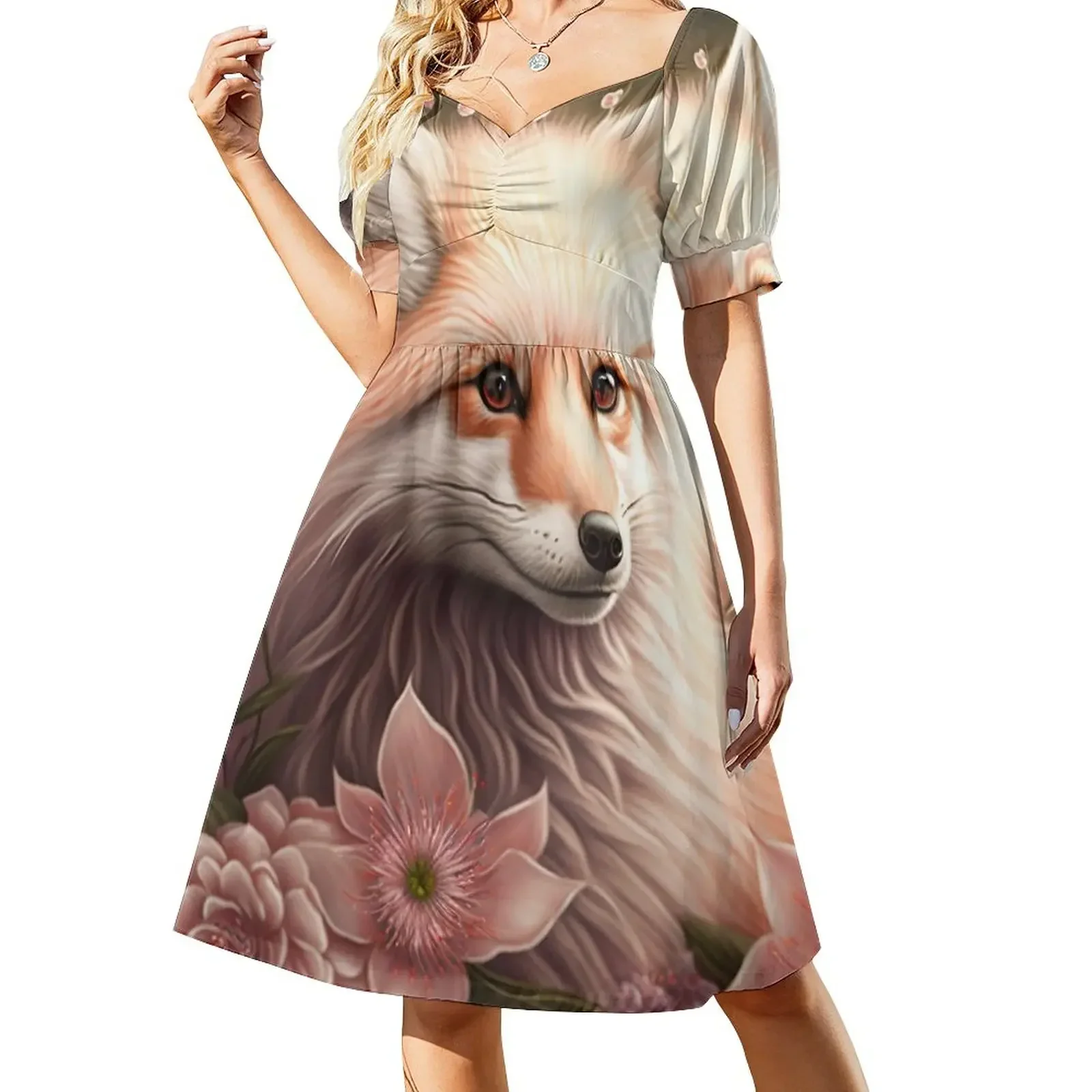 Fuchs verbirgt auf einem Blumenfeld. Ärmelloses Kleid, luxuriöses Damen-Abendkleid, Sommer-Damenkleid 2025, Abschlussball 2025,