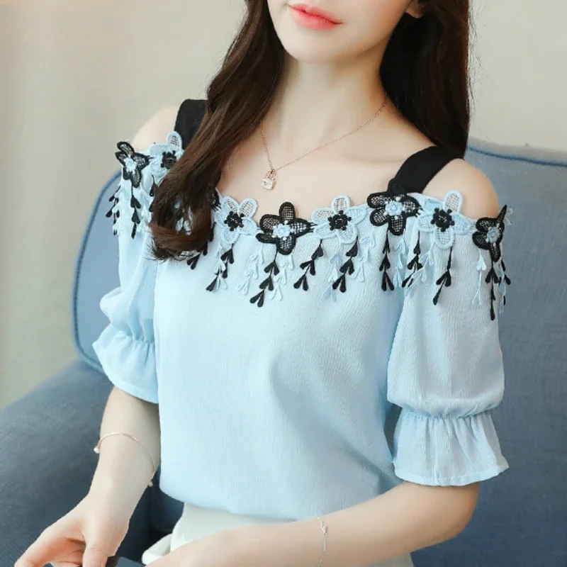 New Summer Short Sleeve Women Blouse Slash Neck Chiffon Blouse Shirt Women Tops Blouses Shirts Blusas Para Mujer Camisas B155