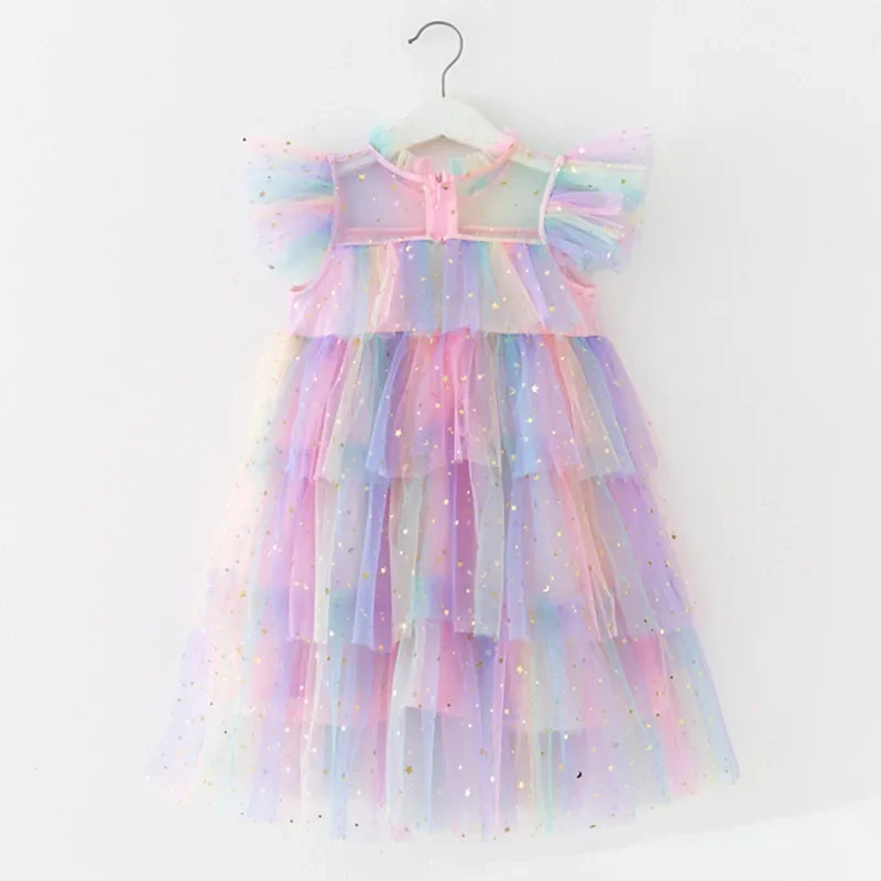 

Girls Dress with Sheer Mesh Ruffled Layers Gold Star Glitter Flutter Sleeves Princess Party Gown for Birthday Festival Formal O