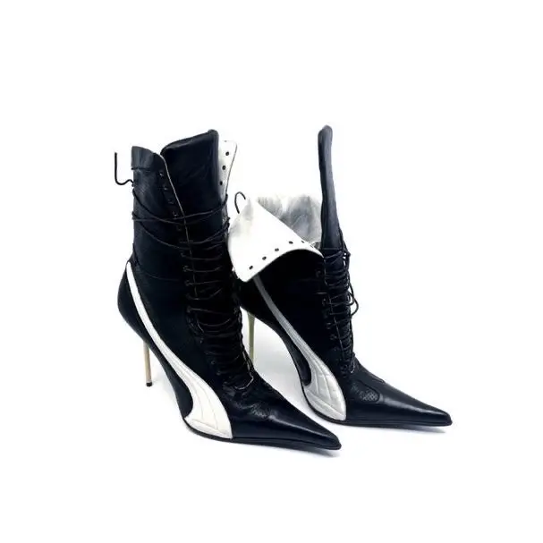 Black and red leather sexy leather Motorcycle boots for women lace pointed toe ankle booties high heels designer chic shoes view 3