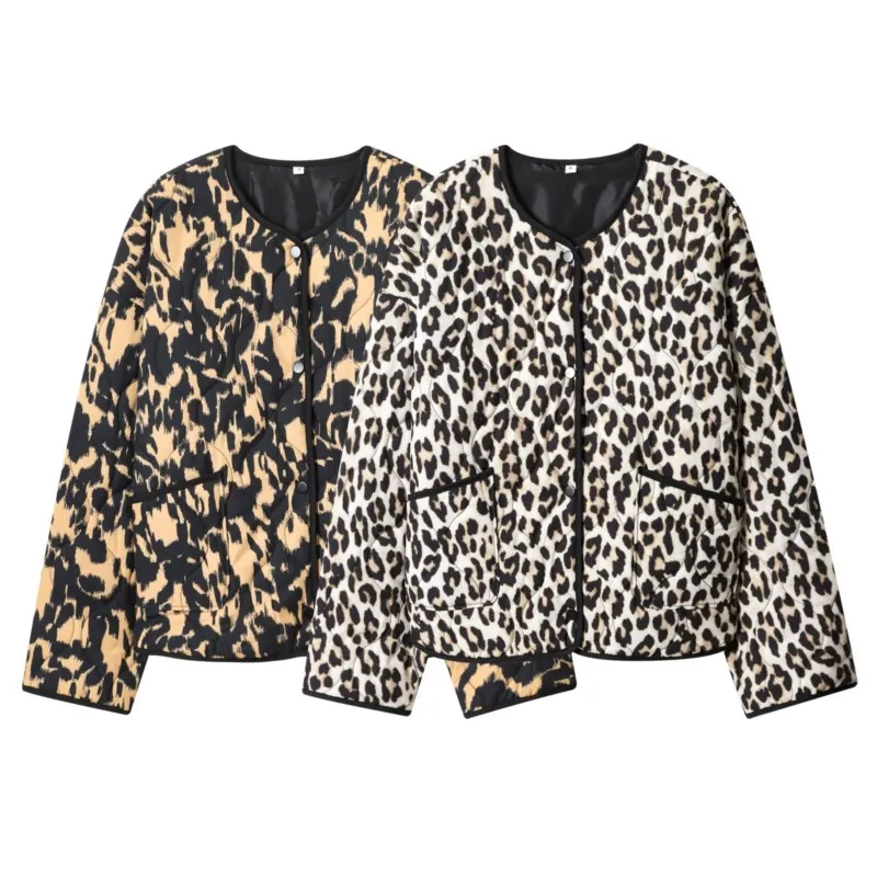 

2025 женская зимняя американская повседневная свободная утепленная ветрозащитная куртка с леопардовым принтом для холодной погоды и длинными рукавами, верхняя одежда