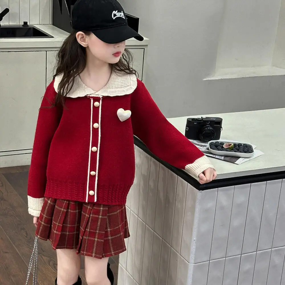 

Kawaii Girl Fashion Sweater Skirt Set Student Autumn Casual Round Neck Knitwear Tops Short Skirt 2-Piece Set Children's Clothing