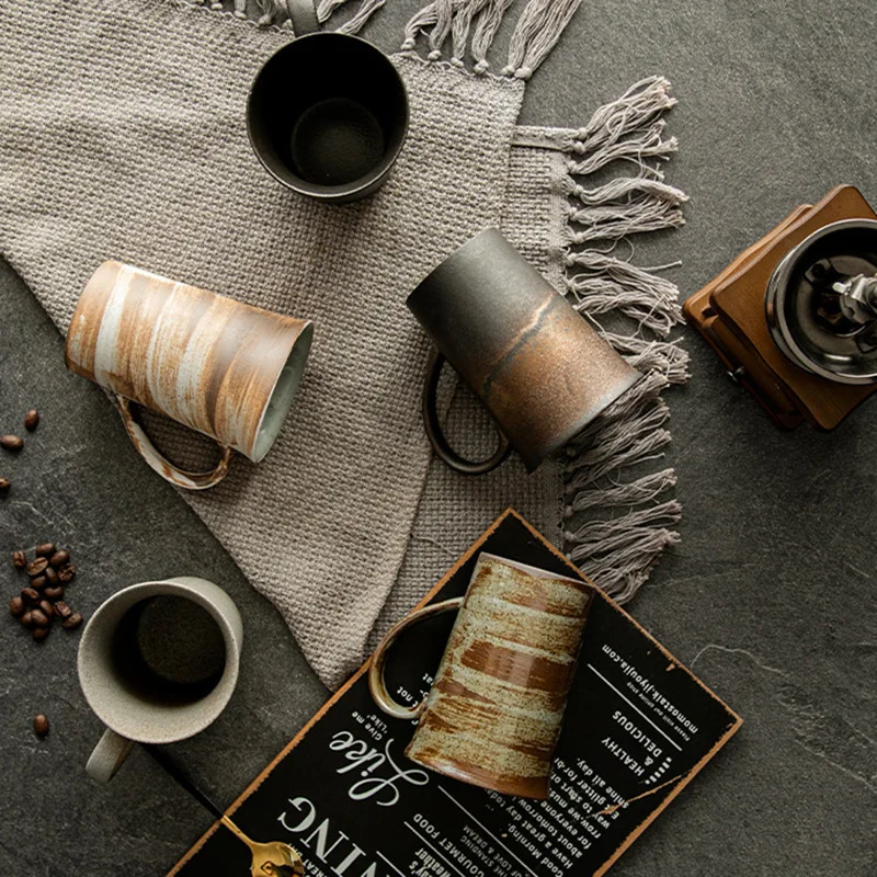 Handmade Japanese Retro Coarse Pottery Coffee Mug Large Capacity Stoneware Home Office Drinking Cup Set Gift Box