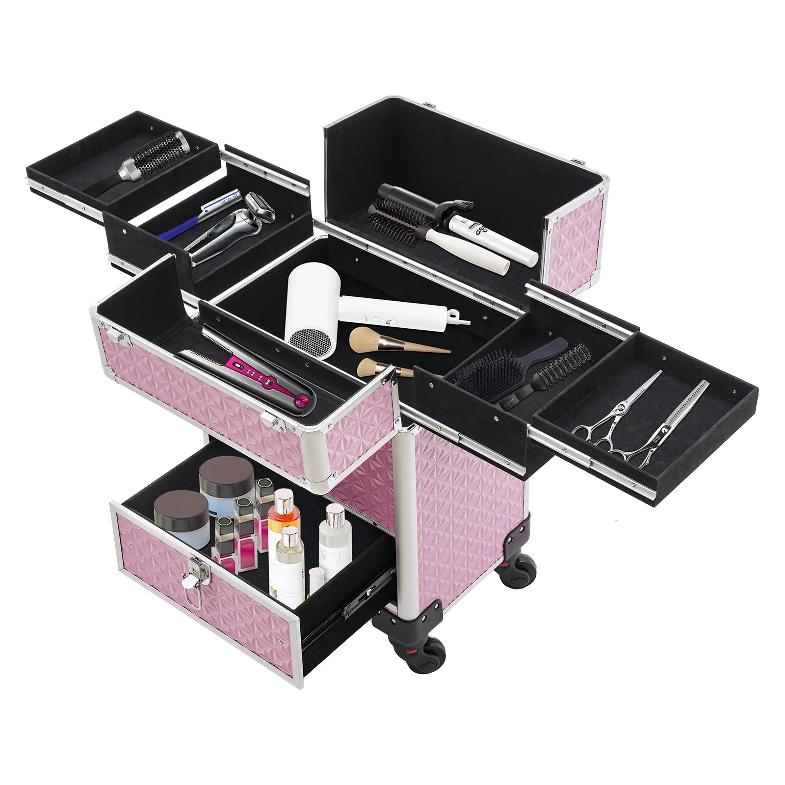 Lockable Makeup Train Case – Rolling Cosmetic Organizer with Detachable Wheels, 4-Tier Design, Sturdy Aluminum Frame for Travel