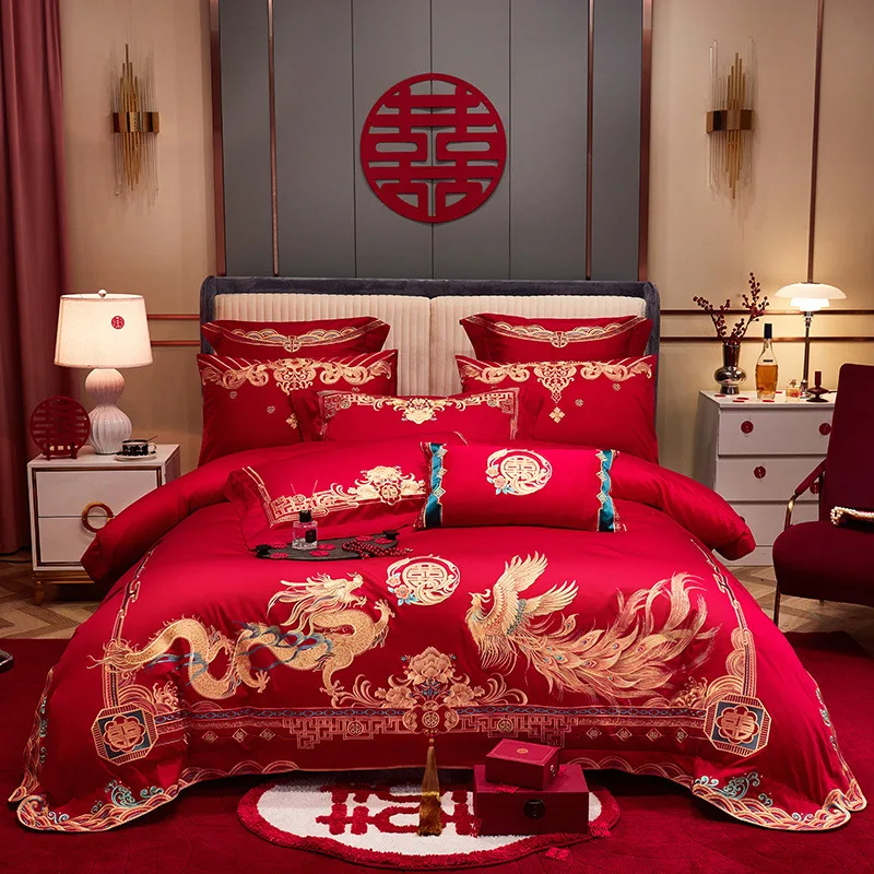 Golden Dragon Phoenix Embroidery Bedding Sets Luxury Chinese Wedding Red Egyptian Cotton Duvet Cover Bed Sheet Linen Pillowcases