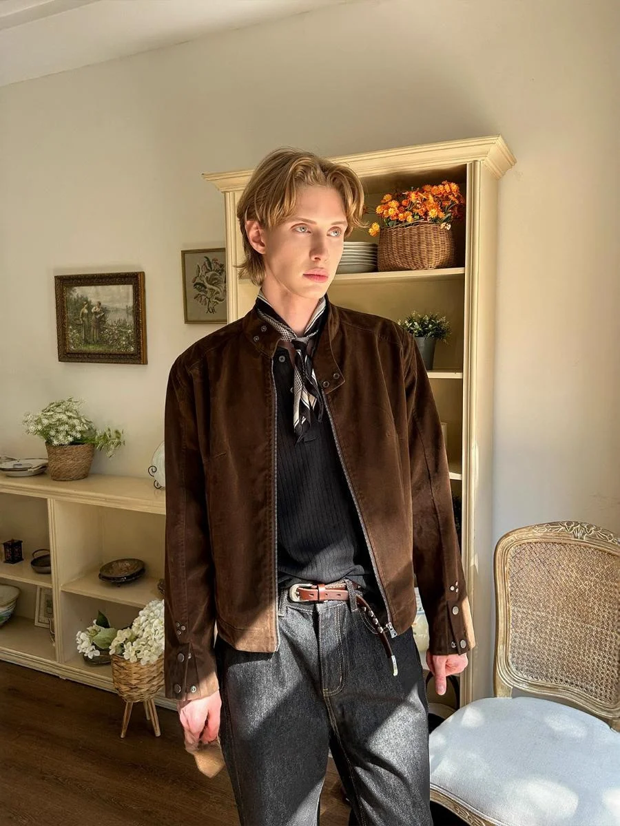 

Modern Retro Faux Suede Mixed Fabric Jaet Men's Autumn New Sle EME Faionable Vintage Harrington Coat Teenage Boy Outerwear