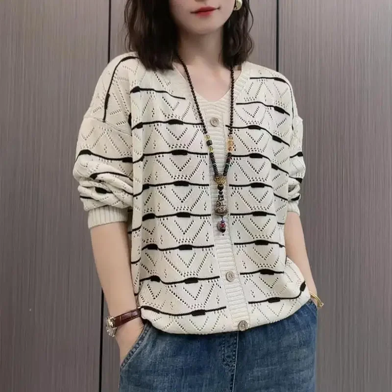 

Female V-Neck Casual Striped Hollow Out Sweaters Spring Autumn Women's Clothing Fashionable Thin Button Loose Knitted Cardigan