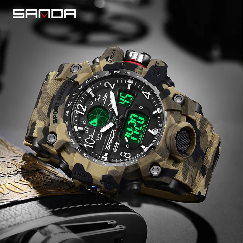 SANDA 3358 Camouflage LED Digital Watch Outdoor Electron Male Wristwatch Display Quartz Men Clock Sports Military Mens Watch