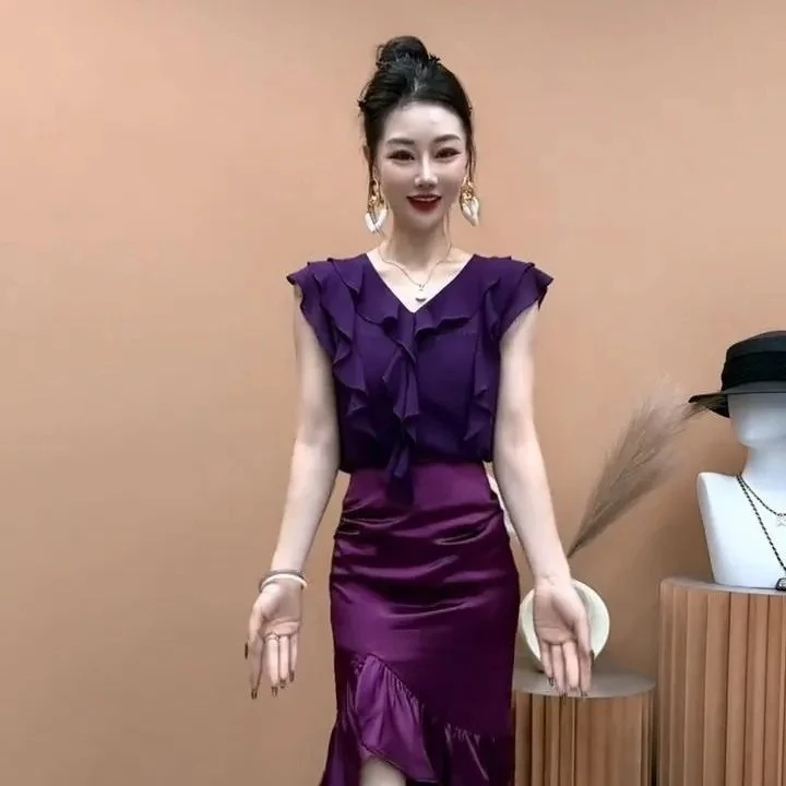 

Summer New Style Shirt Women's Fashion V-neck Fly Sleeve Polyester Fabric Breathable Thin Short Sleeve Top