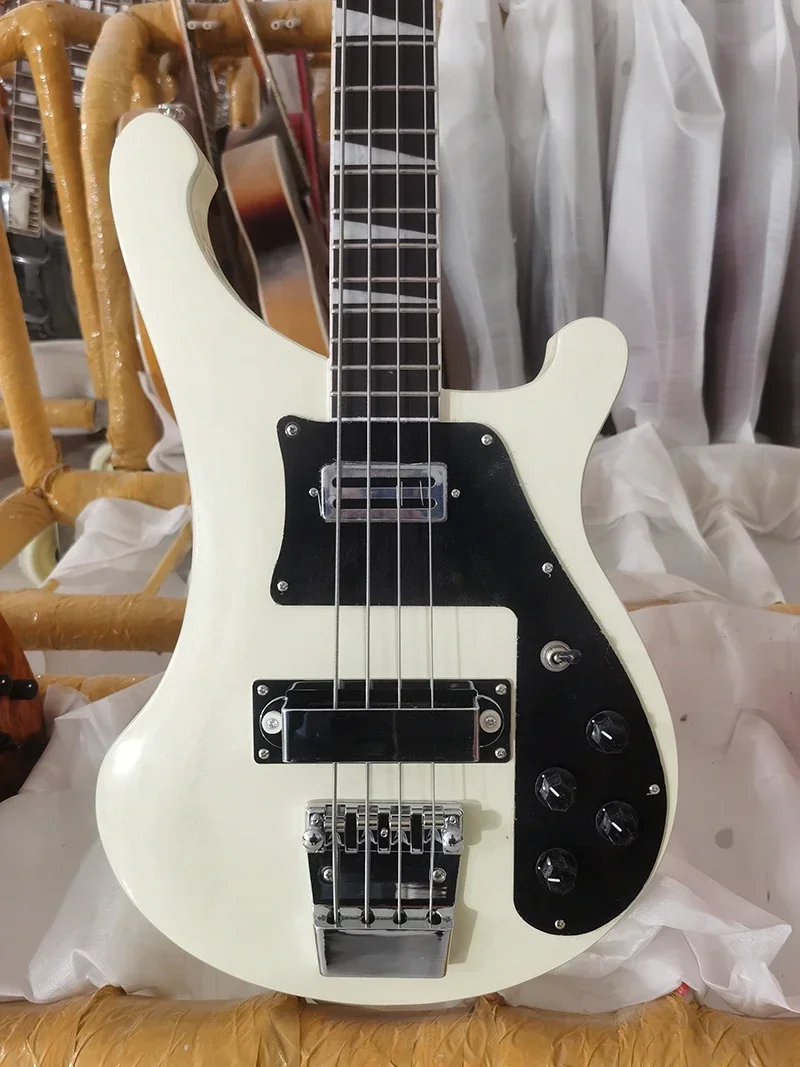 Rarerelic In Stock 4 Strings 4003 Ivory Cream Electric Bass Guitar Rosewood Fretboard Pearl Triangle Inlay Black Pickguard Chrom