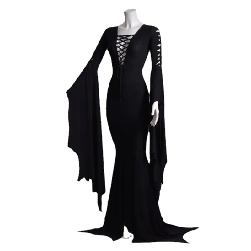 WedMorticia Addams Vampire Lace Up Sexy Witch Ghost Evening Dress for Women Morticia Cosplay Costume Halloween Carnival