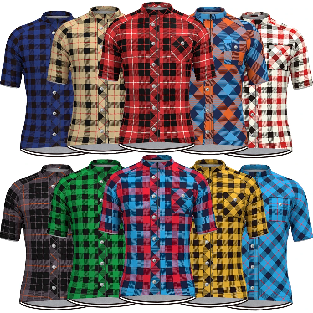 Plaid Checkered Cycling Jersey for Men, Short Sleeve, Reflective MTB Maillot, Downhill Pro Team, Mountain Bicycle Clothing, 17