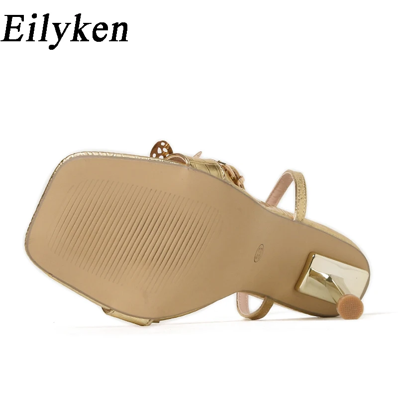 Eilyken 2024 Golden Butterfly-knot High Heels Women Sandals Stripper Buckle Strap Square Toe Party Prom Sexy Pump Shoes